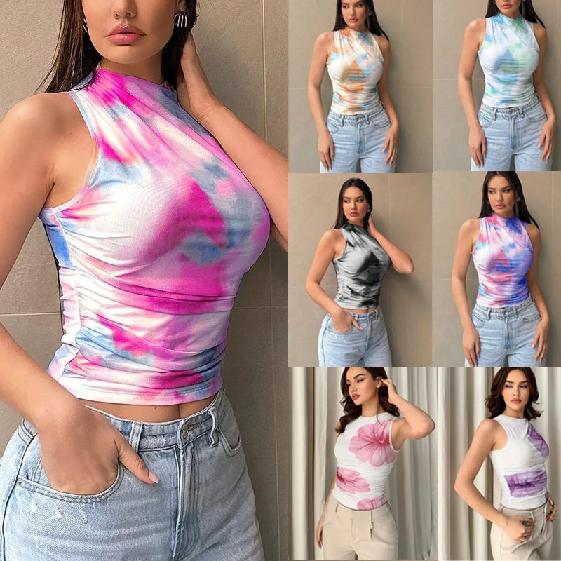 

Women 2025 Trendy Street Style Print Mesh Vest Casual Summer Top Breathable Cropped Tank for Festival Club Daily Wear
