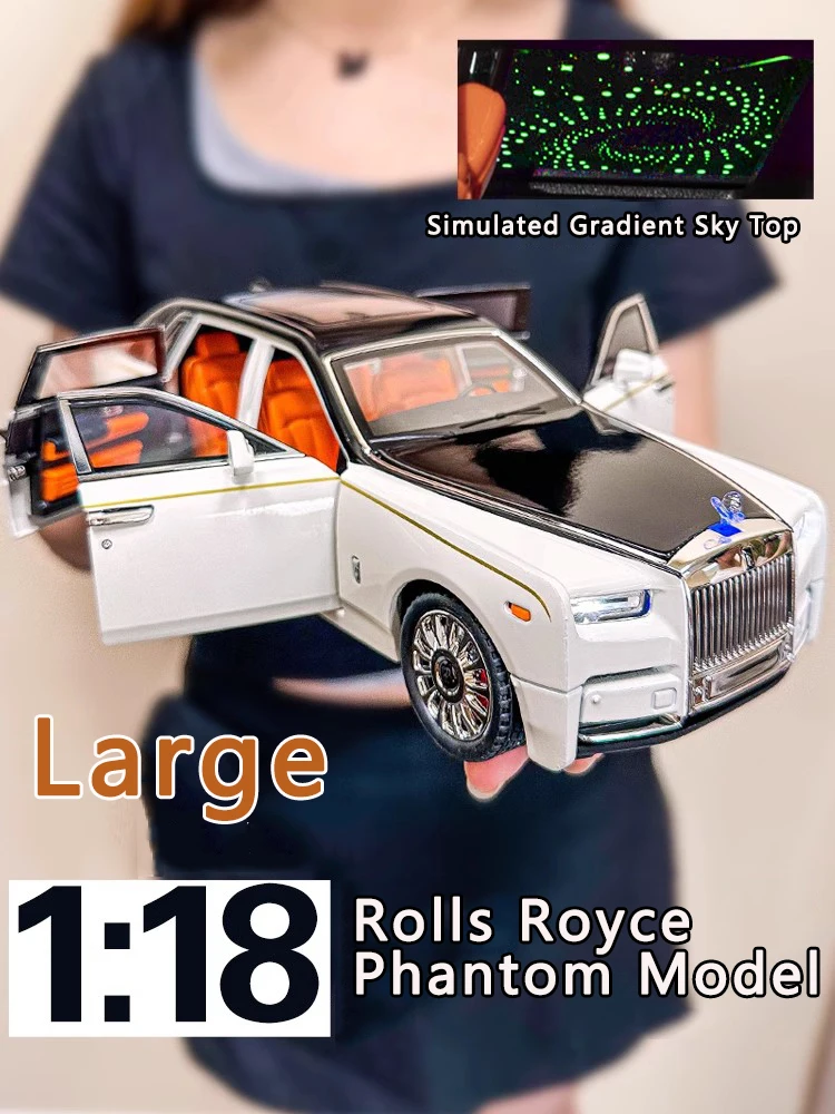 1:18 Large Rolls-Royce Phantom Model Simulation Sound And Light Pull Back Toy Car Luxury Metal Boy Collection Decoration Gift