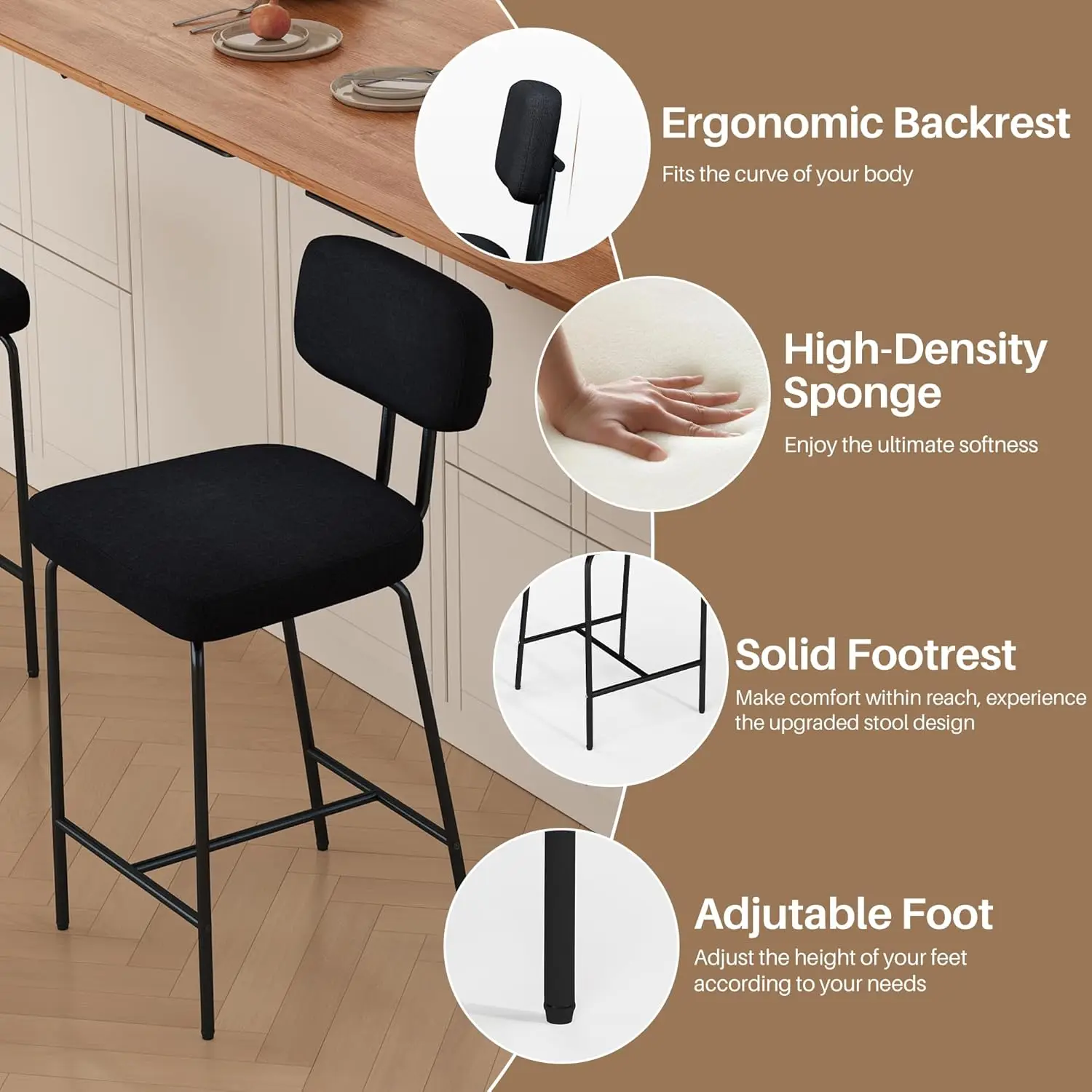 Counter Height Bar Stools Set Of 2, 26"" Black Counter Bar Stools, Upholstered Fabric Kitchen Island Chairs Barstools With Back