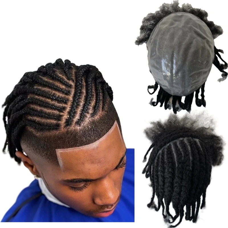 Indian Virgin Human Hair Systems 1# Jet Black Afro Cornrow Braids Unit 8x10 Full PU Toupee for Black Men