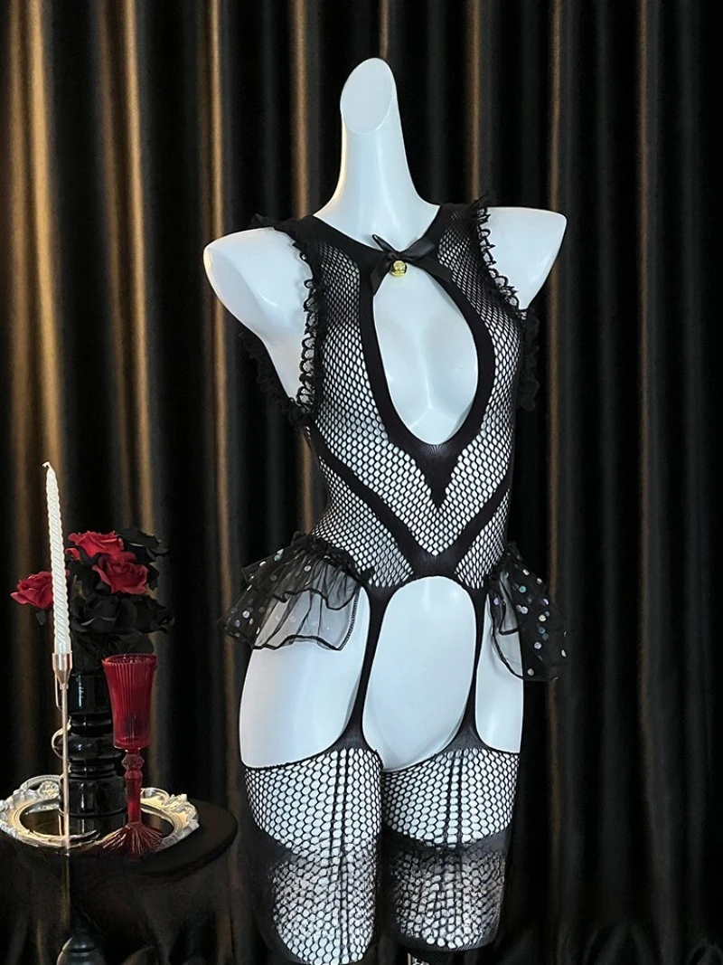 ملابس داخلية Catgirl Fishnet للنساء، فستان مثير من قطعة واحدة، زي تاريخ رومانسي، شبكة شفافة مع مجموعة جوارب #1