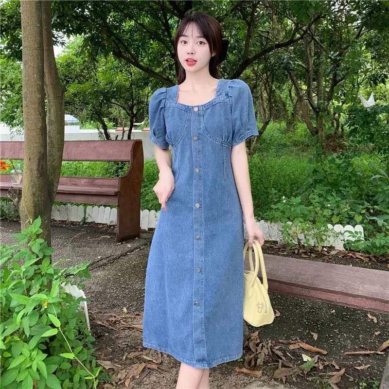 2024 Sommer Denim blau Kleid elegante quadratische Kragen schlanke Vestidos Frauen Kurzarm Sommerkleid Robe Mode Party Kleider d183