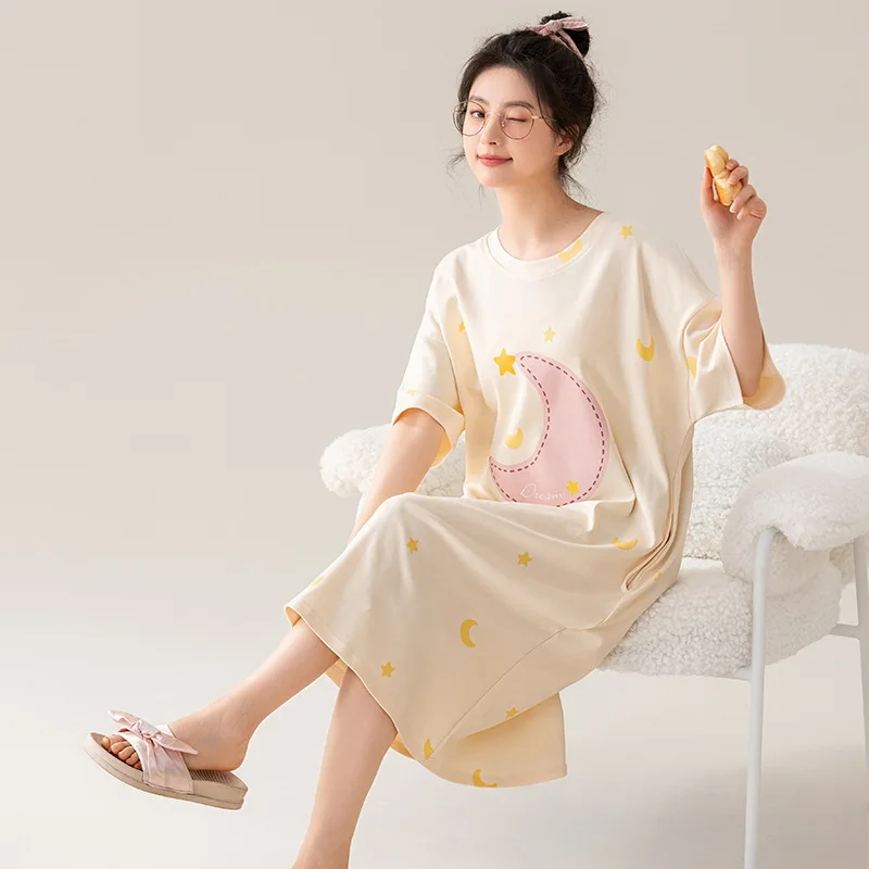

Round Neck Nightdress Short-sleeved Pajamas Cute Cartoon Plus Size Lounge Mid-Calf Night Gown Women Student Girl Sleepshirts