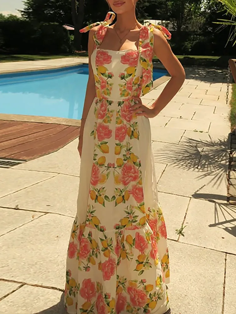 Resort impressão arco rendas suspensórios vestido feminino sexy fora do ombro sem mangas bohe vestido moda altura cintura balanço vestidos de festa