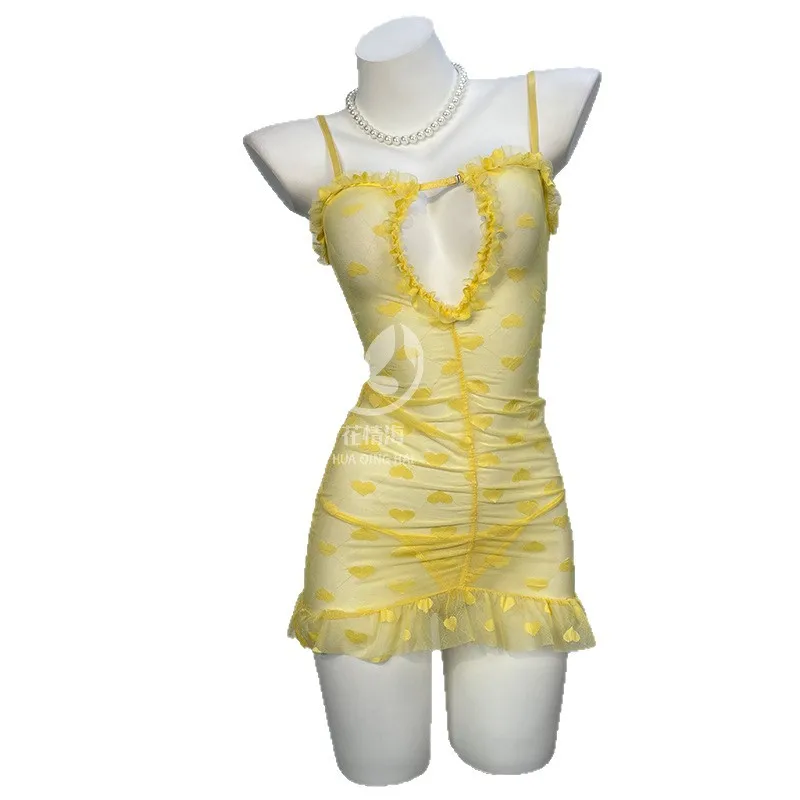 Floral Passion Sexy für heiße Mädchen, hohles Spitzenkleid mit herzförmigen Trägern, kurzer Rock, transparentes Outfit für Damen, Charm G676