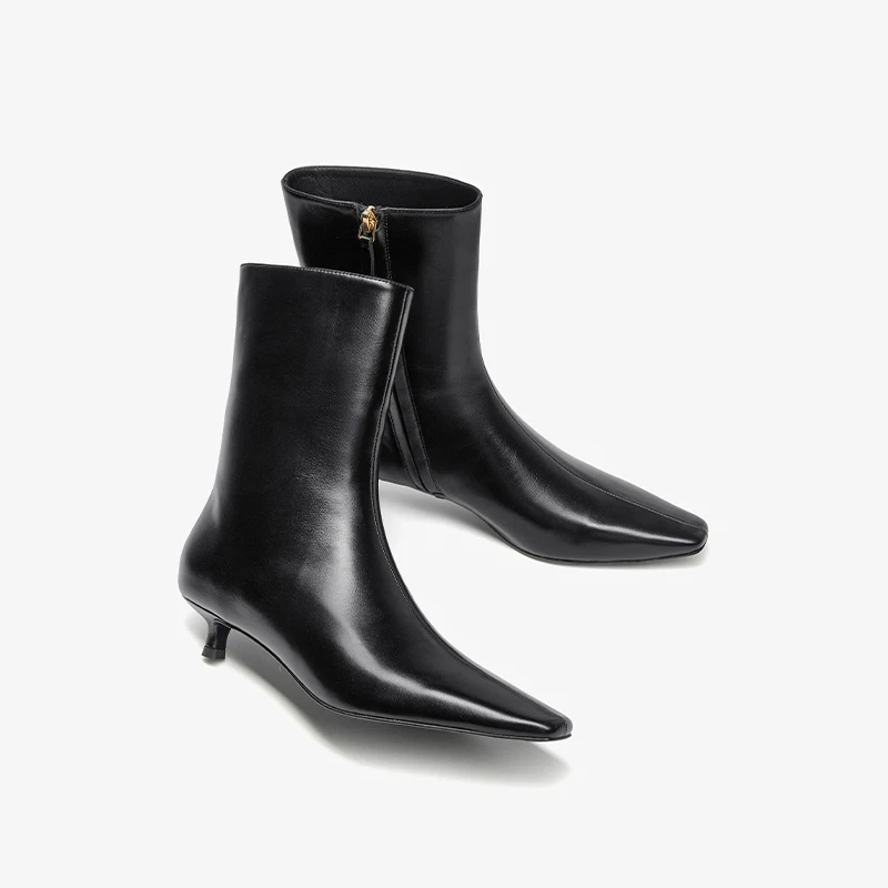 BEAUTODAY Mid-Calf Boots Women Cow Leather Pointed Toe Solid Color Zipper Thin Heels Ladies Shoes Handmade 03178