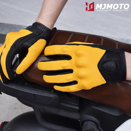 Imagen 2 del producto Guantes de motocross vintage amarillos para hombres y mujeres Guantes protectores de motociclismo resistentes al desgaste antideslizantes de cuero con pantalla táctil