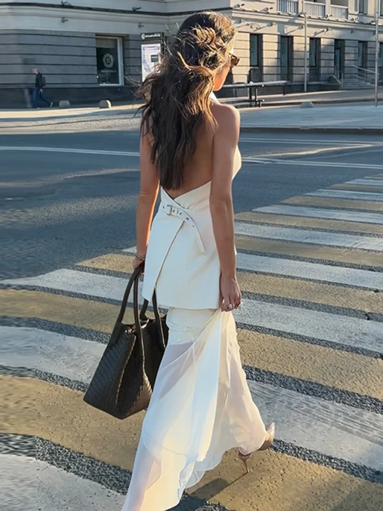 Sleeveless Blazer Skirt Suit Notched Lapel Waist Tied Backless Top With Sheer Mesh Long Skirts Chic Banquet Outfits For Women view 4