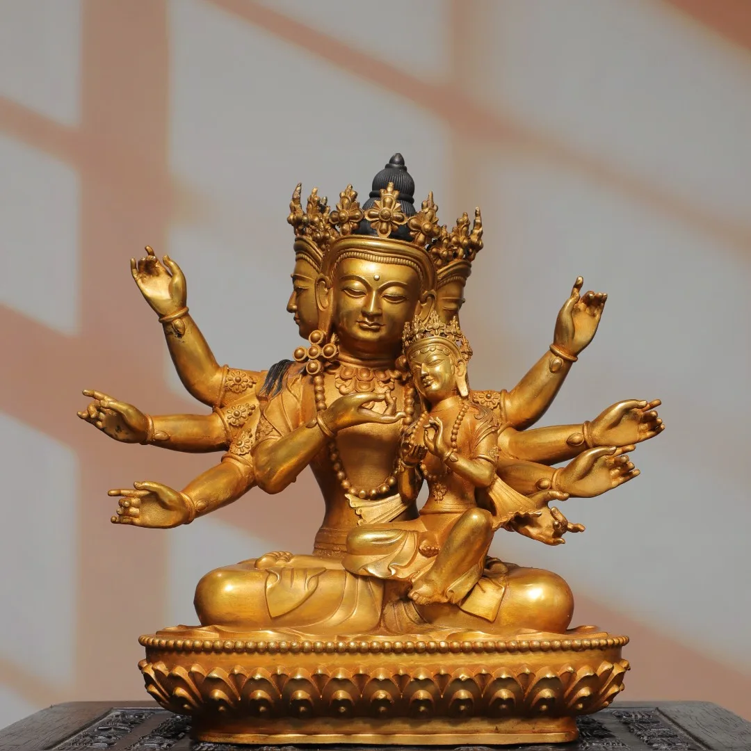 Old Bronze Gilded 3 heads and 6 arms Ushnishavijaya Sitting Buddha Respectful Mother Buddha Amitabha Town house