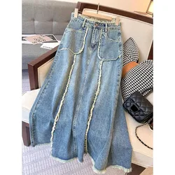 Fashion S-5XL Tassel Denim Long Skirts Womens Spring Vintage Pocket A-line Jeans Skirt High Waist Women Long Caual Skirt