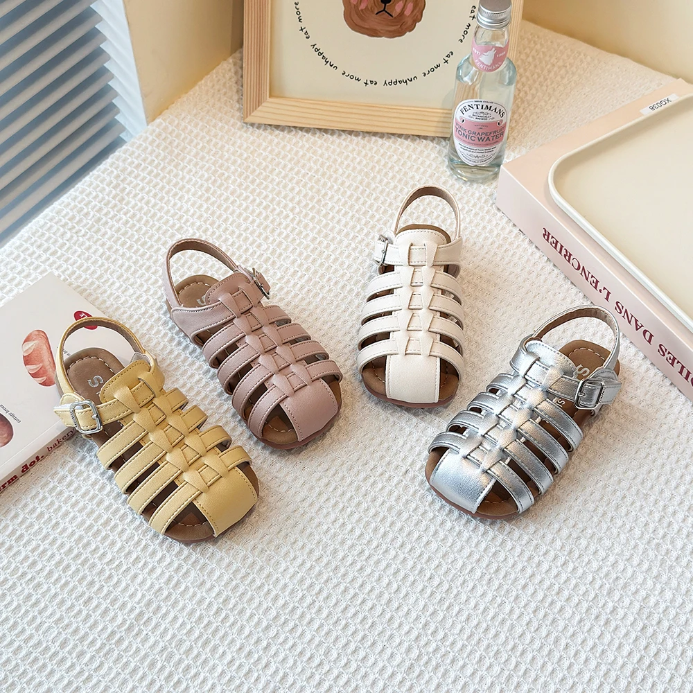 New Summer Children Sandals Leather Cut-outs Kids Roman Shoes Soft Sole Non-slip Toe Guard Fashion Toddler Girls Beach Sandals