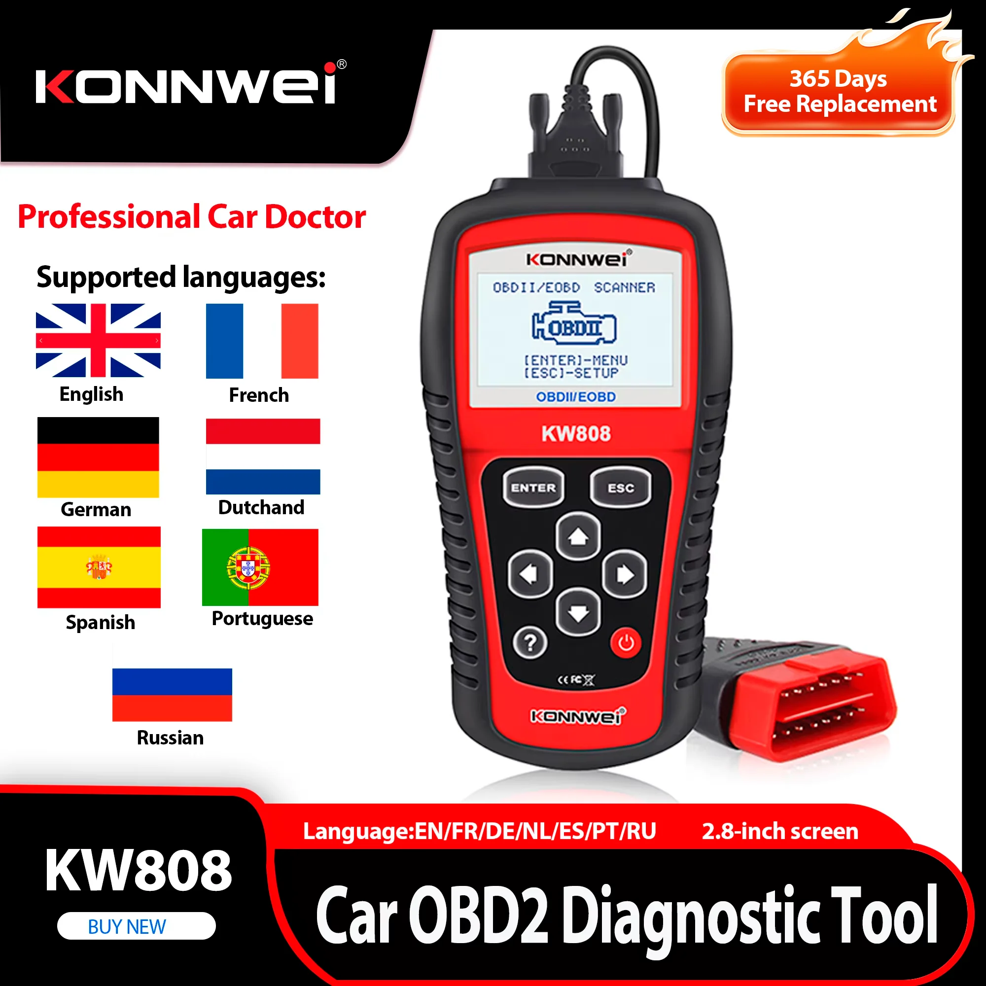 2026 KONNWEI KW808 Car OBD2 Diagnostic Tool OBDII Auto Automotive Scanner Engine Fualt Code DTC Lookup Live Data O2 Monitor Test