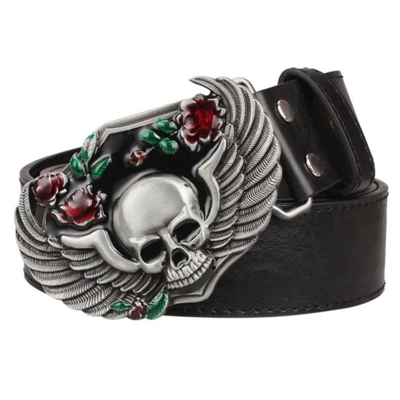 Cinturón de cuero con hebilla de Metal para mujer, cinturilla decorativa con diseño de calavera rosa, cabeza de esqueleto de Metal pesado, estilo Rock