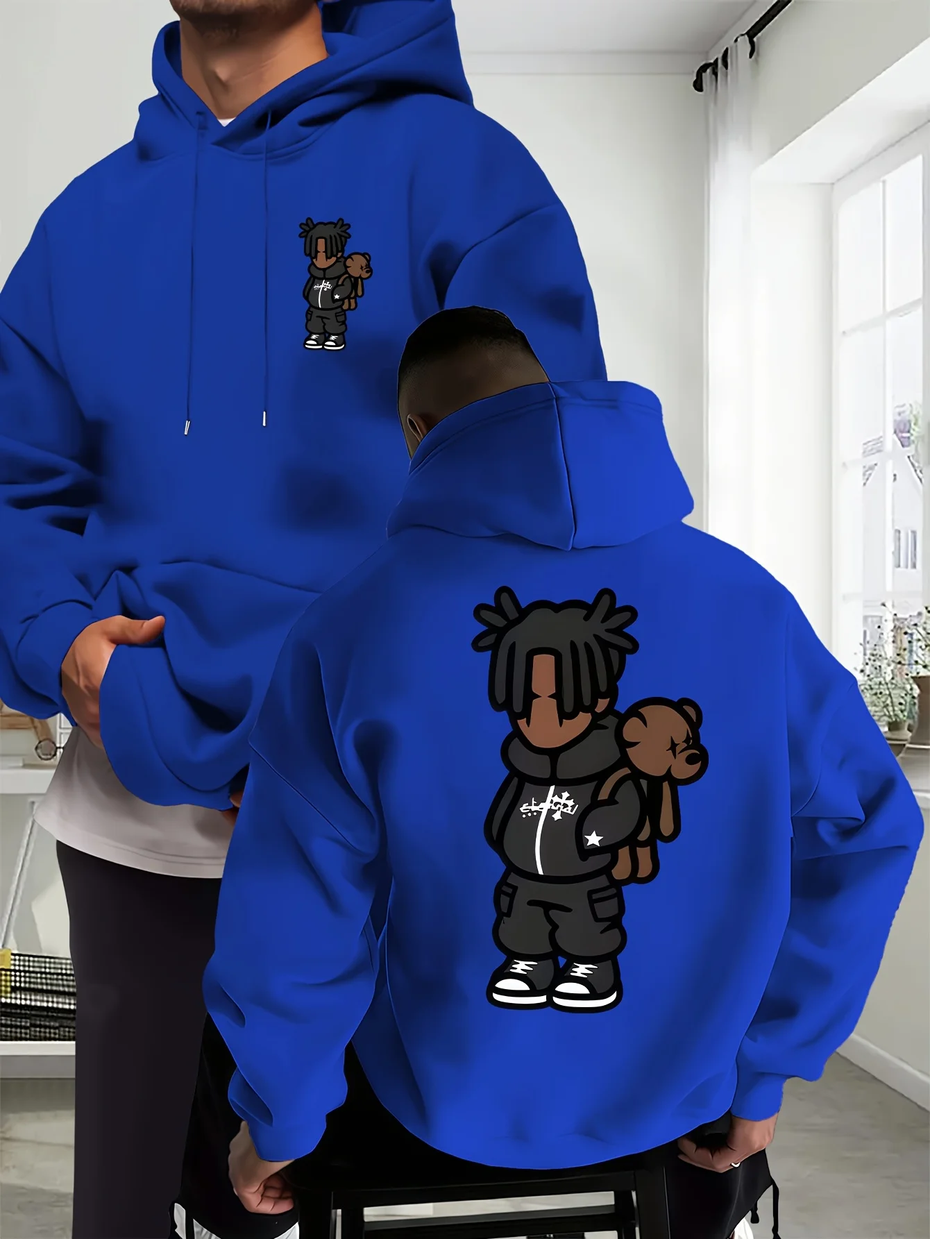 Men Sport Hip Hop Hoodie, Cute Cartoon Dreadlock Boy Bear Graphic Streetwear, Russian Size Fleece Pullover Sweatshirt for Men