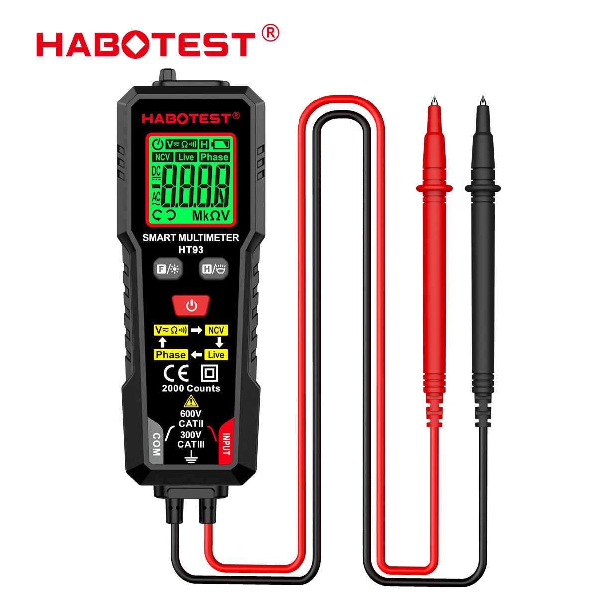 HABOTEST HT93 Portable Digital Multimeter Auto-Ranging 600V AC/DC Voltage Measurement NCV Continuity Test Smart Multitester