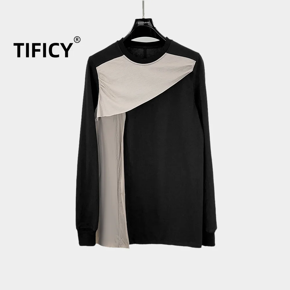 

TIFICY High Street Tees Men's Niche Design Patchwork Patch Dark Style Round Neck Basic Knitted Thick Long Sleeved T-shirts Top