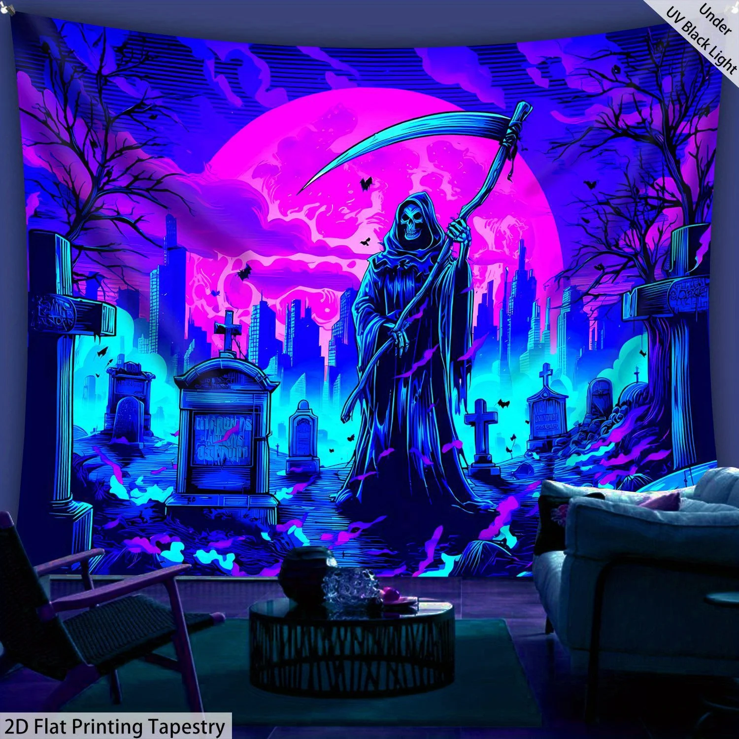 VIKAMA Grim Reaper-themed tapestry with gradient cemetery neon scythe Grim Reaper dark party escape room Halloween decoration