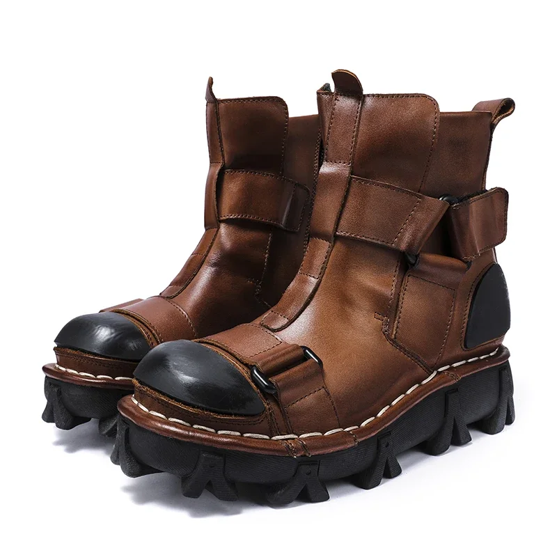 Men's Genuine Leather Motorcycle Boots,Goth Skull Punk Mid-calf Western Work Safety Boots Zip Non-slip Platform