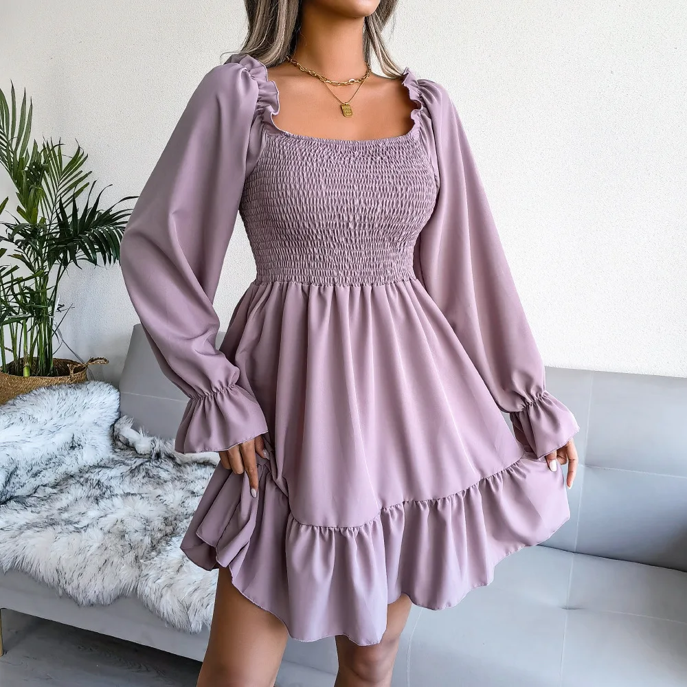 Women's Square Neck Flared Long Sleeved Ruffled Hem Dress Large Swing Dress