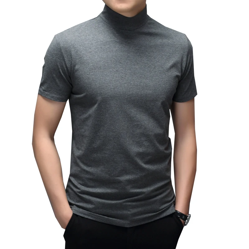 2022 Trend Summer Men Half high Collar Mercerized Cotton Short Sleeve Slim Body T-Shirt Men Solid Color Modale High Collar