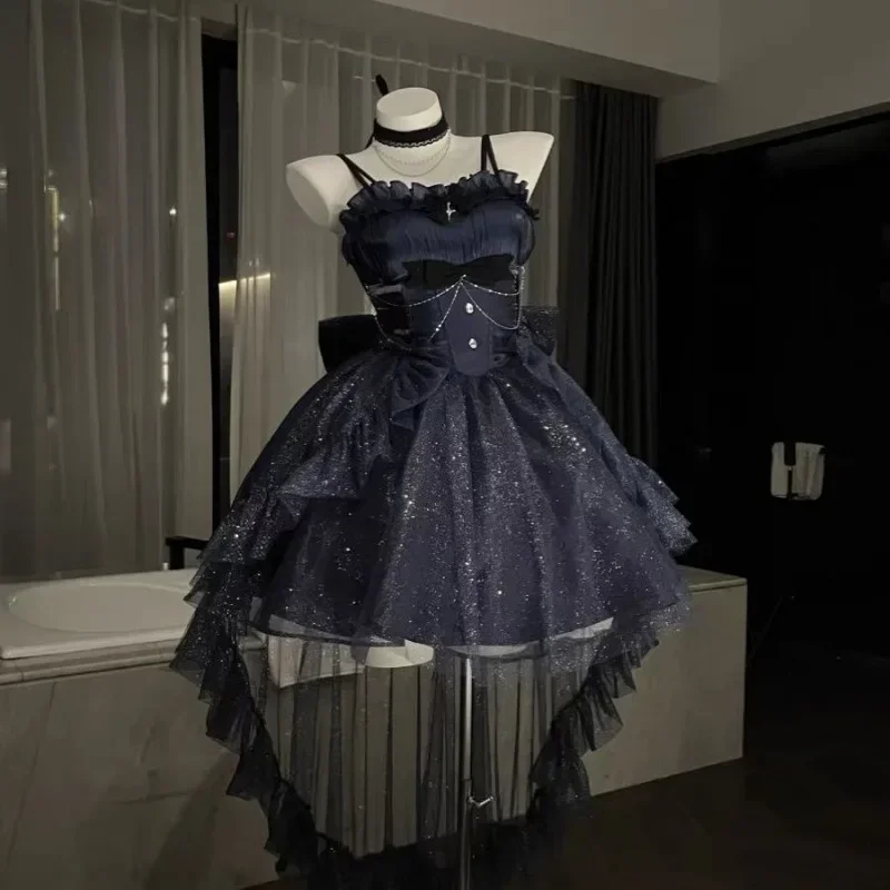 

Women Kawaii Ruffles Bow Suspender Princess Dresses Victorian Gothic Lolita Jsk Mini Dress Sweet Fairy Party Trailing Dress 2025