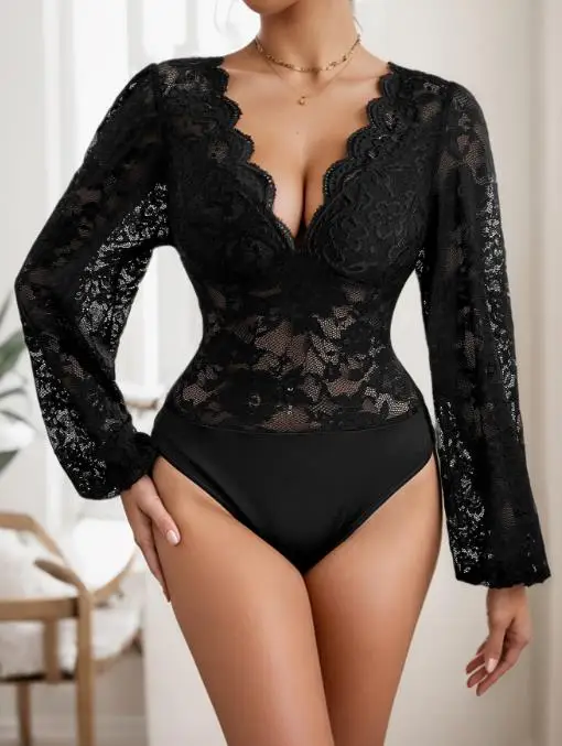 

2025 summer new elegant and sexy style long sleeved solid color V-neck lace lace tight jumpsuit