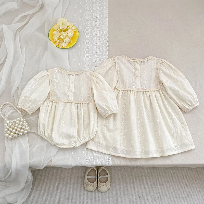 2025 New Autumn Baby Girl Party Dress Spring Long Sleeved Cotton Bow Kids Princess Rompers Children Clothes Girl Sisters Clothes