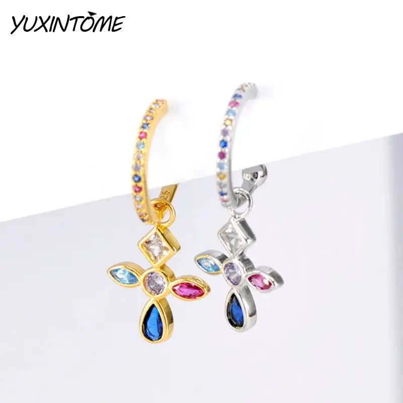 

925 Sterling Silver Ear Needle Stylish Clorful Zircon Cross Pendant C-shaped Earrings Women's Classic Vintage Religious Jewelry