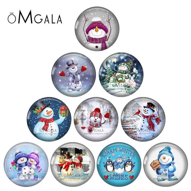 Cartoon Art Winter Christmas Snowman Pattern 10pcs 12mm/18mm/20mm/25mm Round photo glass cabochon demo flat back Making findings