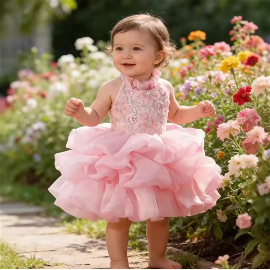 Custom Baby Girls Halter Ruffled Beaded Flower Girl Dress Wedding Party Gown Birthday Party Dress Beauty Pageant Tutu Dress