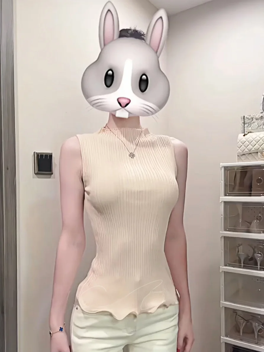 

Slim Fit High Collar Knitted Vest Women's Autumn Winter Pure Desire Cute Slimming Underwear Top Floral Knit Base Tank Top