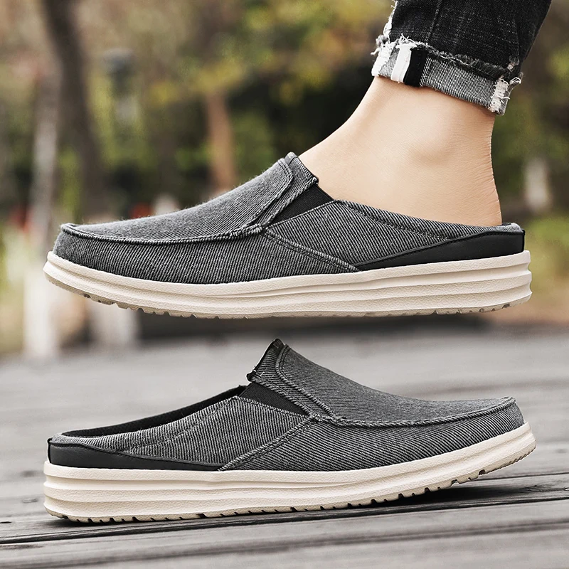 New Summer Men Casual Shoes Fashion Cowboy Half Slippers Breathable Canvas Soft Bottom Lightweight Walking Shoe Vulcanized Shoes