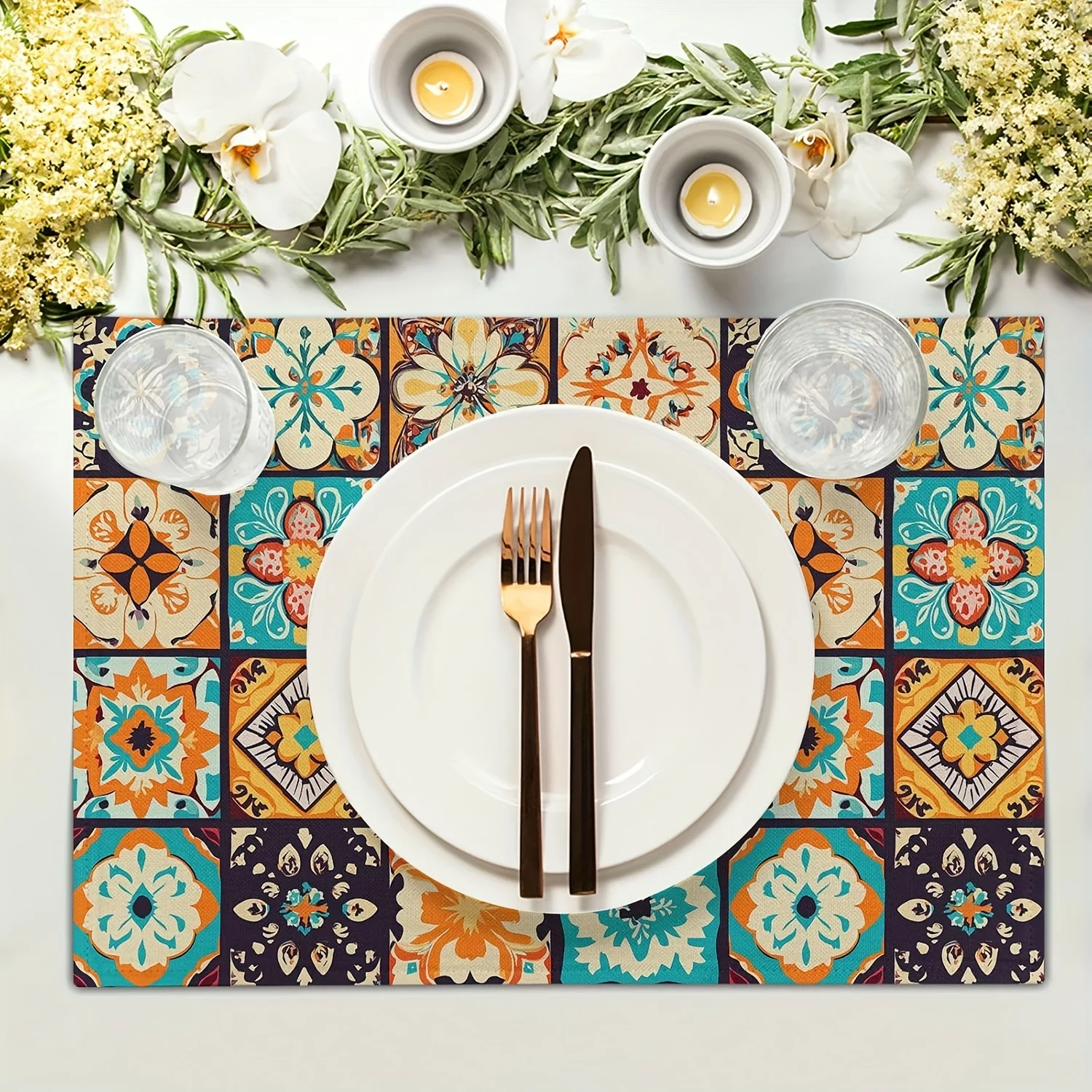 Boho Floral Placemats Retro Flower Geometric Place Mat Bohemian Floral Cloth Tablemats Indoor Outdoor Dining Party Table Decor
