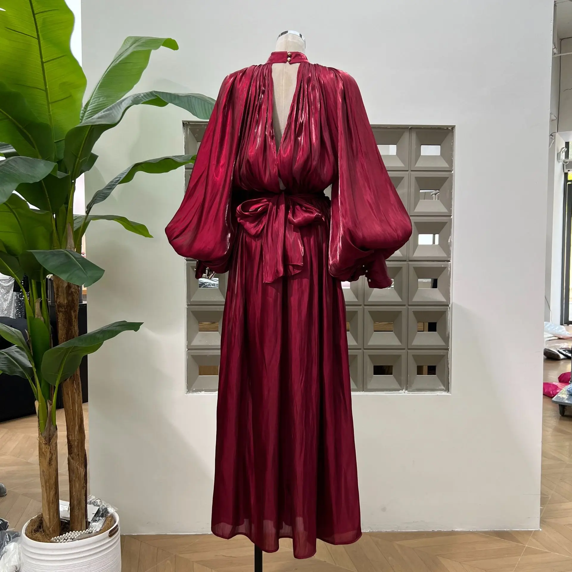 

New Hot Women's Dresses Elegant Pleated Chiffon Lantern Sleeves Open Back Sash Waist Long Dress Party Cocktail Gala Evening Gown