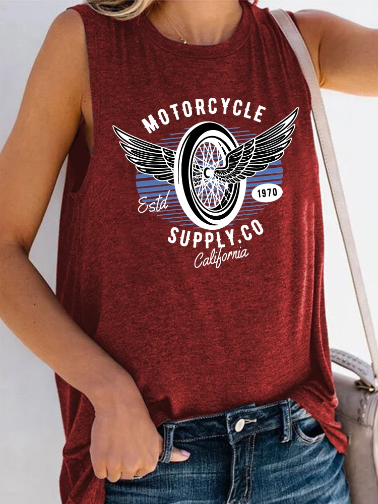 Seeyoushy Motorcycle Print Vintage T Shirt Women 90\'s Girls Sleeveless T Shirt O-Neck Summer Graphic TShirts Ladies Top Harajuku