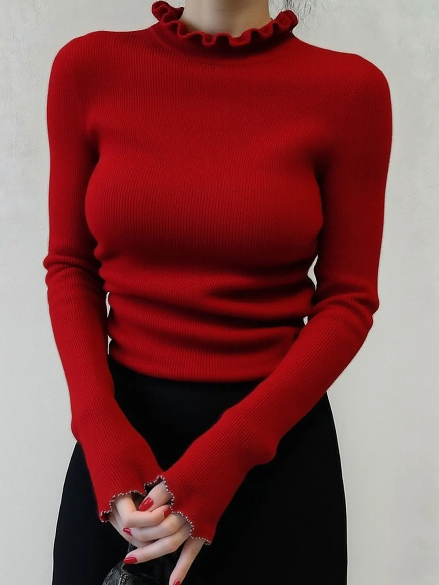 

Модный вязаный свитер с длинными рукавами, вишнево-красный, новинка к Новому году 2026, зимний, в корейском стиле, приталенный, для повседневной носки, теплый, незаменимый.