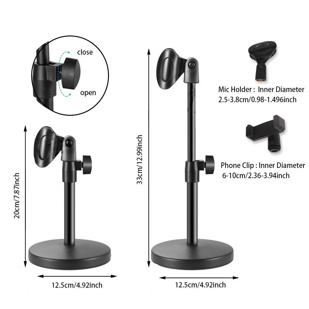 Microphone Stand Cell Phone Holder Phone Clip Mic Clamp Adjustable Table Mic Stand With Base For Conference Speech