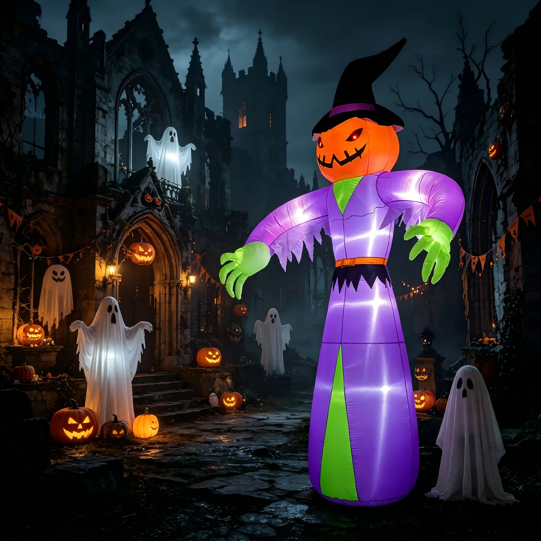 12 FT Giant Halloween Inflatables Pumpkin Ghost with Built-in LED Lights, Spooky Purple Robe & Witch Hat Blow Up Yard Decor with Green Hands, Halloween Blowups for Garden Lawn Party, Outdoor Halloween Decorations