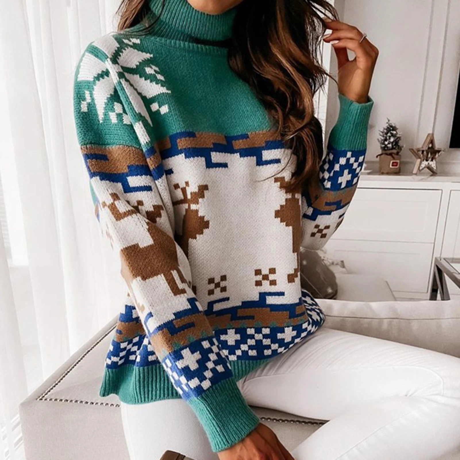 Women\'s Christmas sweater Long sleeve jacquard reindeer tree snowflake high neck sweater Women\'s warm loose knit sweater