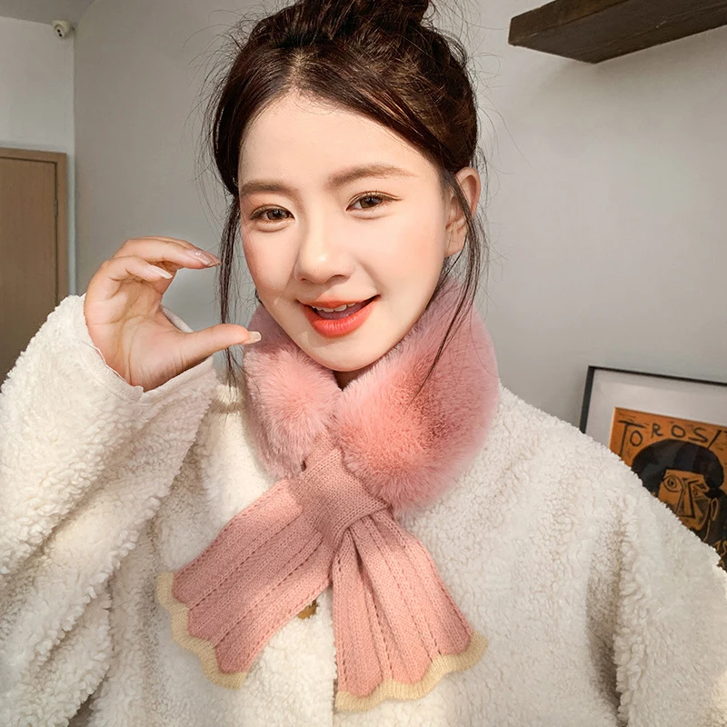 Winter Warm Cross Collar Women Scarf; Plush Thick Imitation Rabbit Fur; Windproof Neck Warmer for Outdoor Cycling