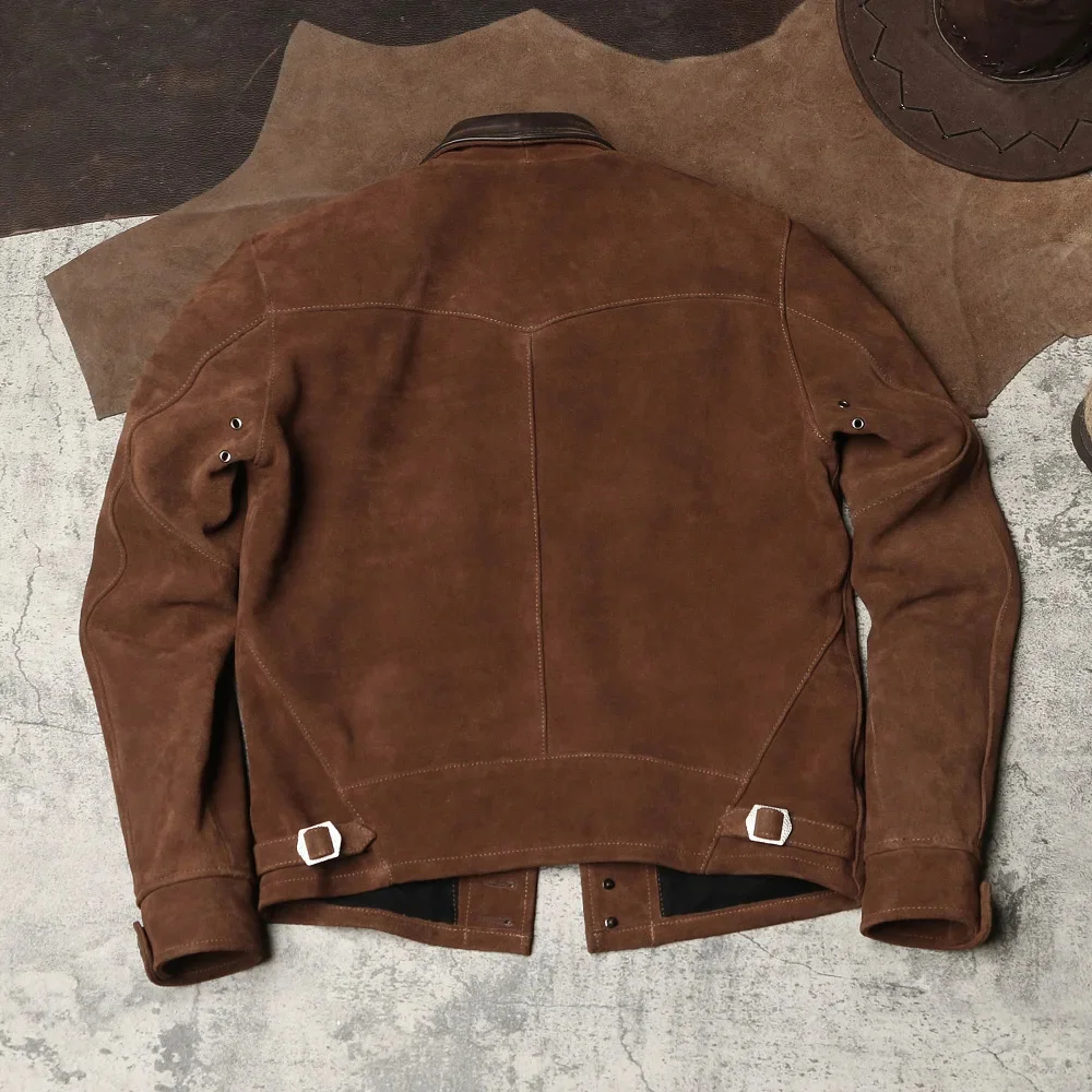 YR!Free shipping.American retro style suede jacket.Classic casual real leather coat.Men quality vintage brown cowhide cloth