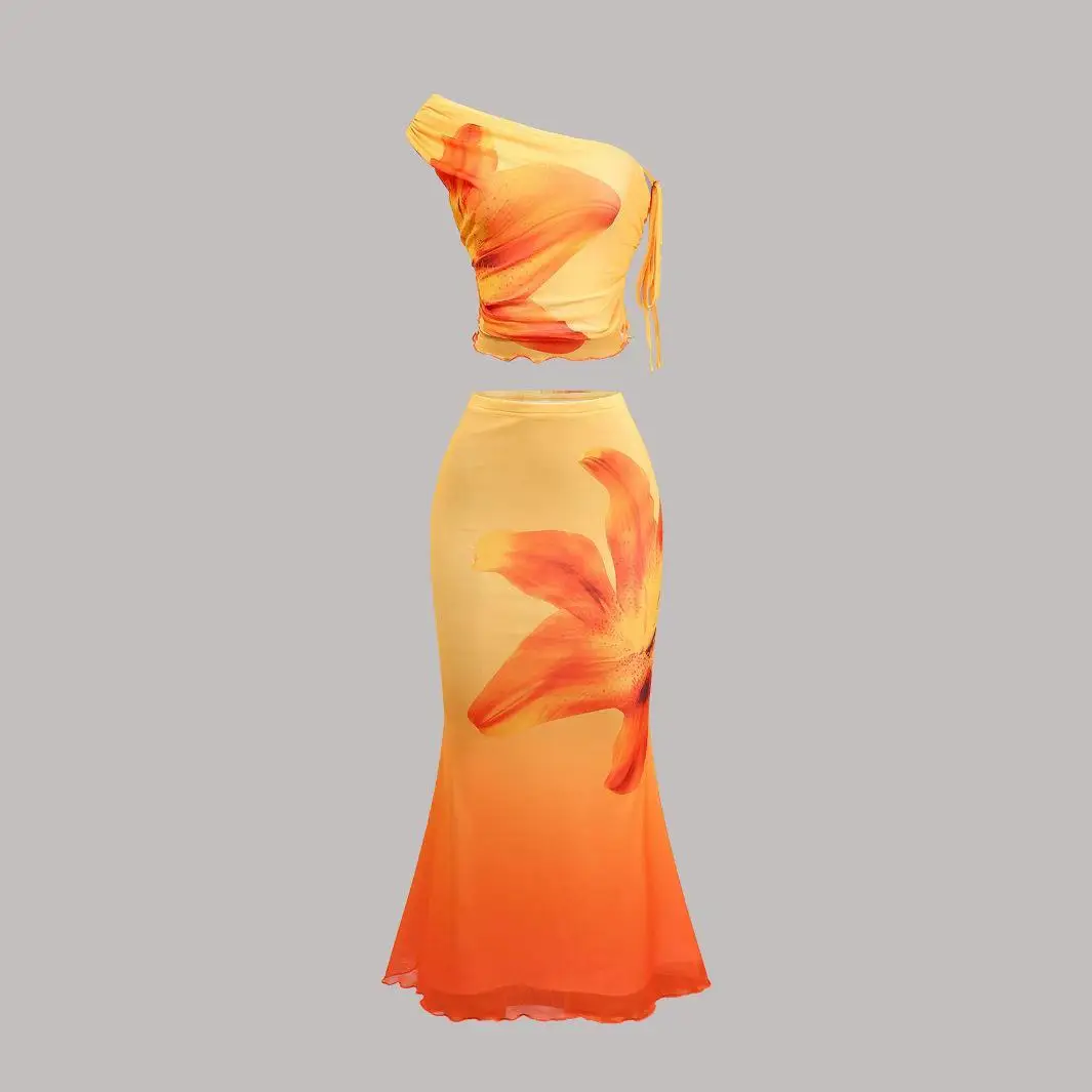 Wygodny, drukowany komplet: spódnica z efektem węża, głęboki dekolt, swobodny krój, owijany, dopasowany, średni stan, europejska moda damska.