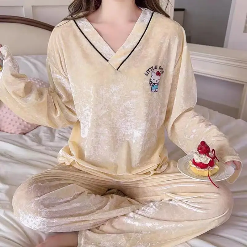 

Бархатные пижамные комплекты Sanrios, весенние женские свободные домашние костюмы с длинными рукавами, одежда для сна, повседневные брюки, ночная рубашка из 2 предметов