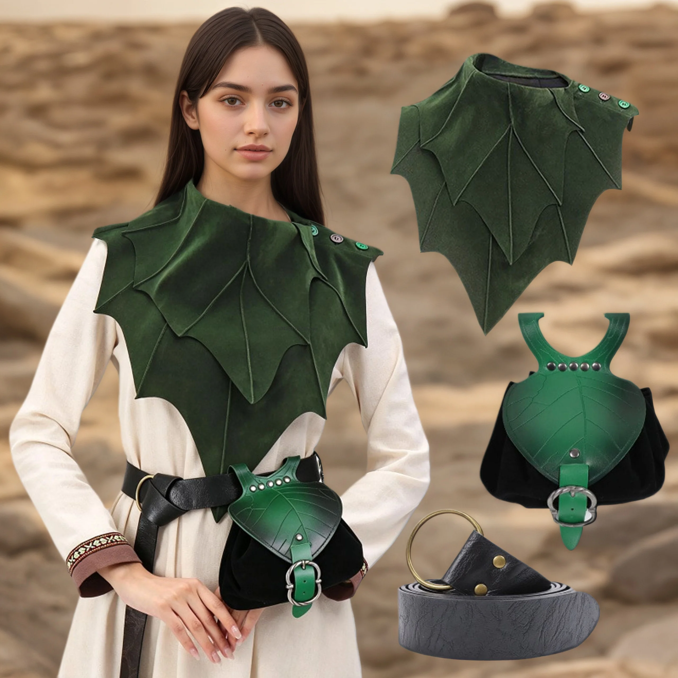 Retro Medieval Elf Leaf Cape Vintage Renaissance Shoulder Cloak Shawl For Women Cosplay Halloween Party Costume Waist Bag