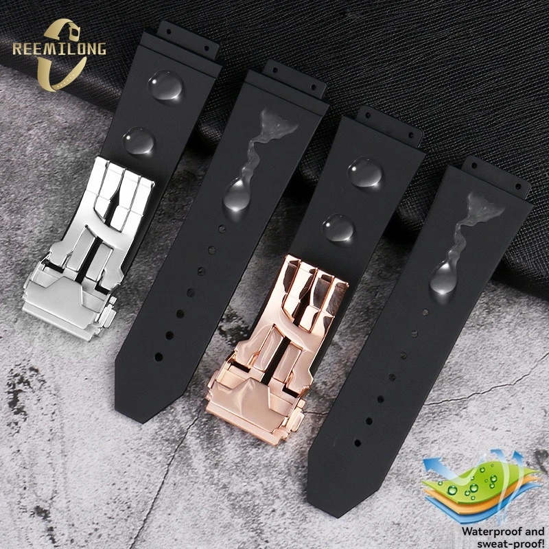 Silicone rubber watch strap 20 24 25 26mm Convex interface stripe  black blue brown men's watchband For Hublot BIG BANG classic