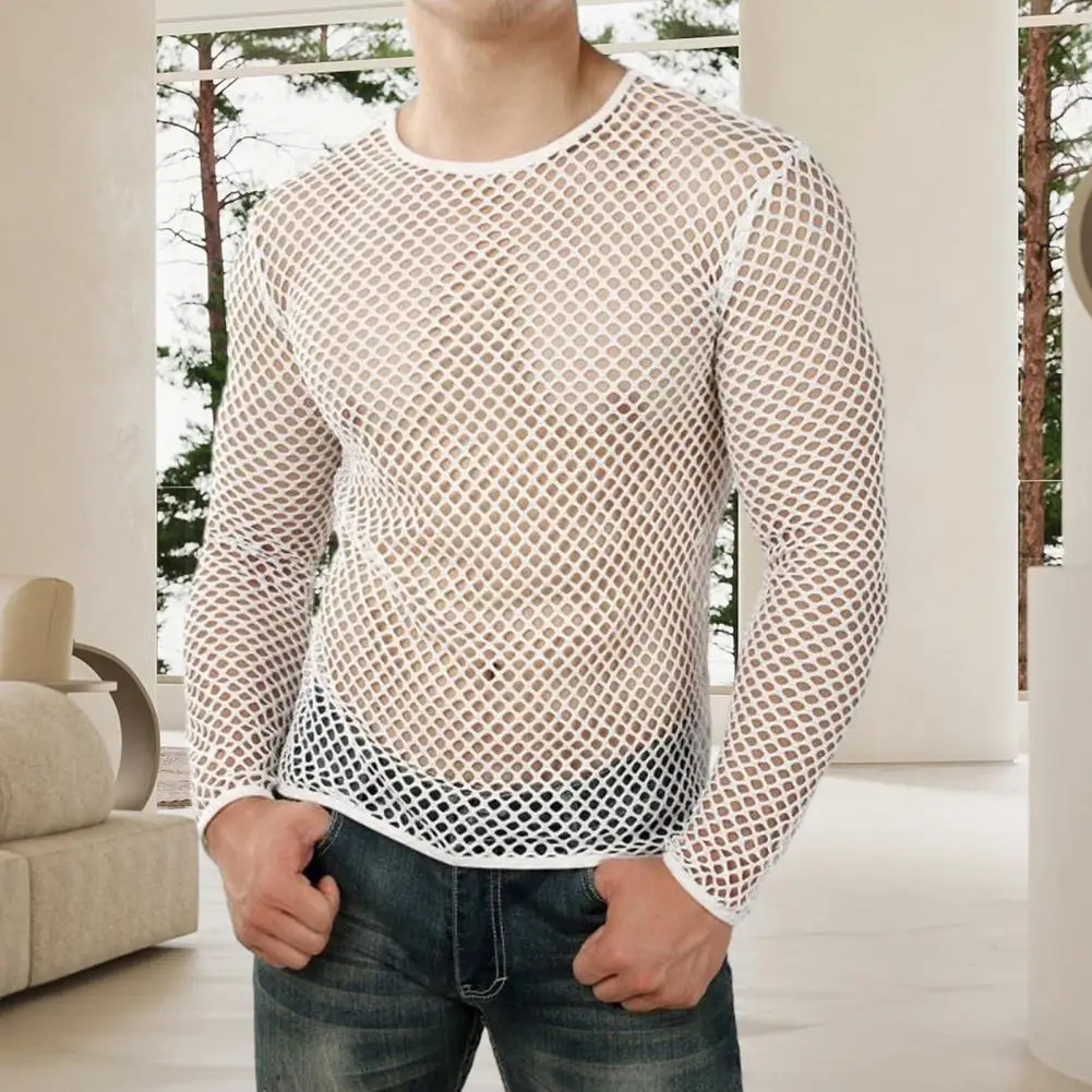 Long Sleeve Top Men's Hip Hop Streetwear Fishnet Hollow Out O Neck Short Sleeve Pullover Club Top Loose Thin T-shirt Men Cutout