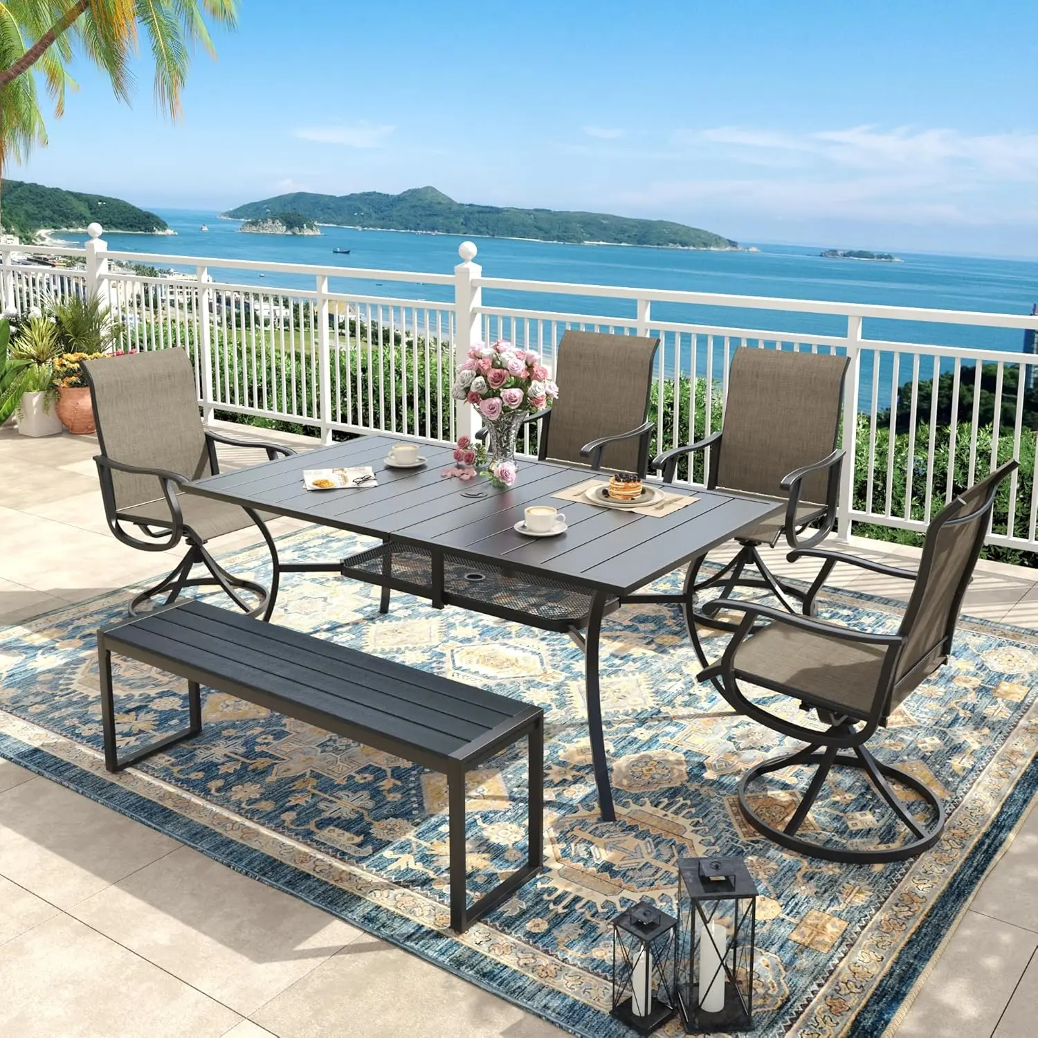 

6 Piece Outdoor Dining Set with 53in Garden Bench & 59in Table & Swivel Chairs for Deck Backyard Mixed Brown Black, Customized