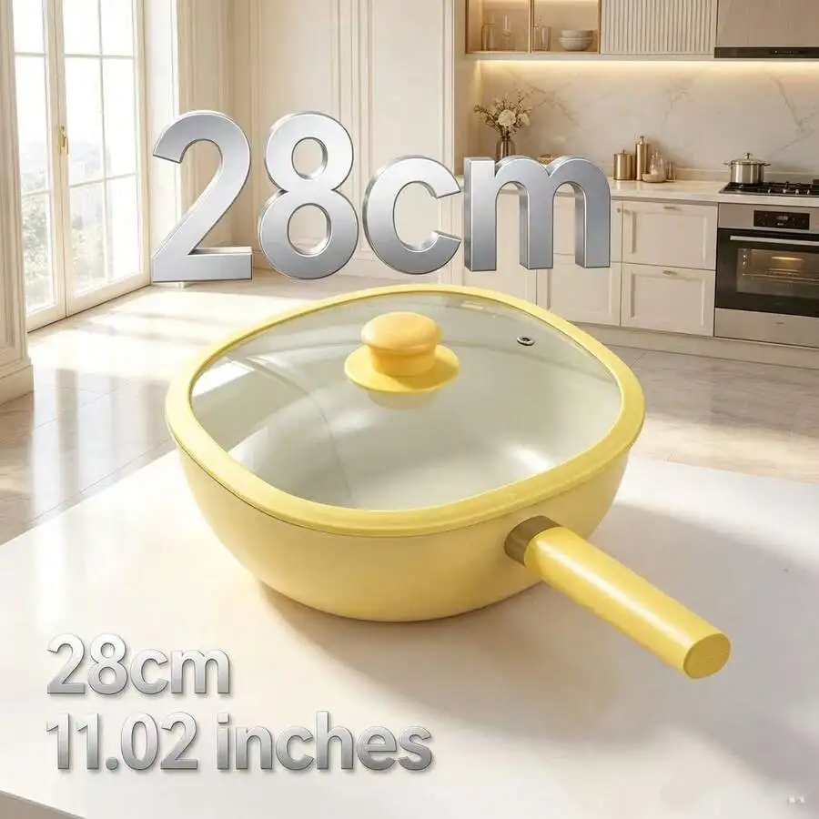 11-Inch Large Square Wok With Lid, Lightweight Non-Stick, Fluorine-Free, Healthy Ceramic Wok For Home Use, Wear-Resistant, Multi