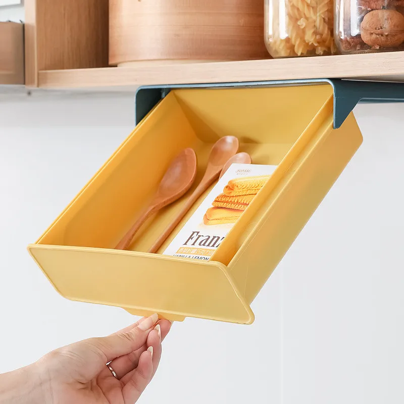 Hidden Hanging Storage Box Kitchen Drawer Knife Fork Spoon Tray Self Adhesive Under Desk Drawer Office Stationery Tool Organizer