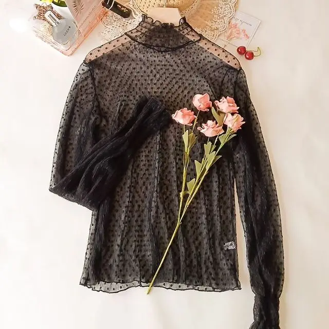 

See Through Pleated Chiffon Lace T Shirt Women S-2XL Black Cheaper Tops Mesh Transparent Girl Blouse Female S-2XL Shirts Clothes